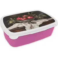 MuchoWow Broodtrommel Roze - Lunchbox Granaatappels - Klassiek - Vintage - Brooddoos 18x12x6 cm - Brood lunch box - Broodtrommels voor kinderen en volwassenen