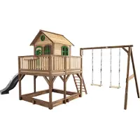 Axi Liam Speelhuis op palen, zandbak, nestschommel & grijze Glijbaan | Speelhuisje voor de tuin / buiten in bruin & groen van FSC hout | Speeltoestel voor kinderen