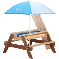 Axi Nick Zand & Water Picknicktafel Bruin - Parasol Blauw/wit - FSC Hout