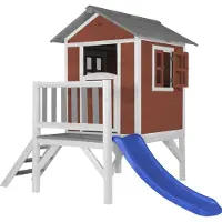 Axi Speelhuis Beach Lodge XL Rood met blauwe Glijbaan | Speelhuis op palen met veranda gemaakt van hout | Klein speeltoestel voor de tuin