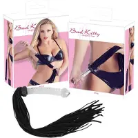 Bad Kitty – 64 cm Suède Flogger Zweep met Glazen Plug als Handvat - Zwart