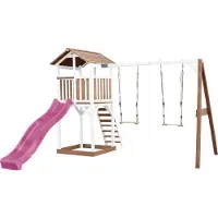 Axi Beach Tower Speeltoren met Dubbele Schommel Bruin/wit - Paarse Glijbaan