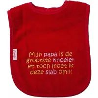 Funnies Rode slab met "Mijn papa is de grootste knoeier en toch moet ik deze slab om" - vaderdag, pappa, vader, knoeien, knoeiertje, eten, kraamcadeautje, cadeautje