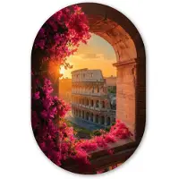 MuchoWow Muurovaal 80x120 cm - Ovale wanddecoratie Colosseum - Rome - Roze Bloemen - Ovalen schilderij - Muurdecoratie woonkamer - Kamer decoratie - Schilderijen - Wandcirkel