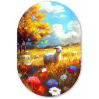 MuchoWow Muurovaal 40x60 cm - Ovale wanddecoratie Schaap - Weide - Bloemen - Ovalen schilderij - Muurdecoratie woonkamer - Kamer decoratie - Schilderijen - Wandcirkel