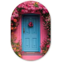 MuchoWow Muurovaal 80x120 cm - Ovale wanddecoratie Bloemen - Deur - Roze - Ovalen schilderij - Muurdecoratie woonkamer - Kamer decoratie - Schilderijen - Wandcirkel