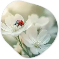MuchoWow Organische wanddecoratie 90x90 cm - Organisch schilderij Lieveheersbeestje - Bloemen - Wit - Muurdecoratie woonkamer - Kamer decoratie - Schilderijen - Muurcirkel aesthetic
