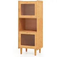 Costway Keukenkast van bamboe, 3 verdiepingen tellende buffetkast met 2 acryldeuren en open vak, vitrinekast vrijstaand, voorraadkast voor keuken, woonkamer, natuur, 49,5 x 40 x 130 cm