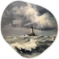 MuchoWow Organische wanddecoratie 60x60 cm - Organisch schilderij Vuurtoren - Golven - Storm - Muurdecoratie woonkamer - Kamer decoratie - Schilderijen - Muurcirkel aesthetic
