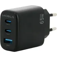 Mobilis 65W GaN Fast Charger met 2 USB-C &amp; 1 USB-A, Snelle Wandadapter voor PC, Tablet &amp; Smartphone