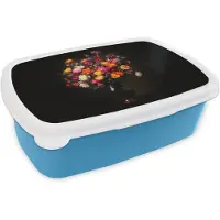 MuchoWow Broodtrommel Blauw - Lunchbox Kleurrijk - Boeket - Vaas - Donkerbruin - Brooddoos 18x12x6 cm - Brood lunch box - Broodtrommels voor kinderen en volwassenen