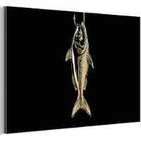 MuchoWow Aluminium schilderij 150x100 cm - Wanddecoratie metaal - Goud - Vis - Haak - Zwart - Metalen muurdecoratie woonkamer - Decoratie industrieel - Foto op dibond - Industriële accessoires slaapkamer