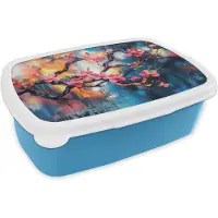 MuchoWow Broodtrommel Blauw - Lunchbox Bloemen - Tak - Artistiek - Roze - Brooddoos 18x12x6 cm - Brood lunch box - Broodtrommels voor kinderen en volwassenen