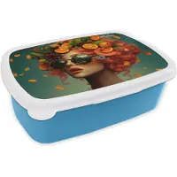 MuchoWow Broodtrommel Blauw - Lunchbox Vrouw - Sinaasappel - Bessen - Oranje - Brooddoos 18x12x6 cm - Brood lunch box - Broodtrommels voor kinderen en volwassenen