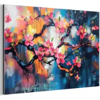 MuchoWow Aluminium schilderij 120x80 cm - Wanddecoratie metaal - Bloemen - Tak - Artistiek - Roze - Metalen muurdecoratie woonkamer - Decoratie industrieel - Foto op dibond - Industriële accessoires slaapkamer