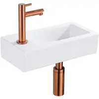 Qeramiq Fuente fonteinset – 37.5x18.5x9 cm – keramiek wit mat – kraangat links – geborsteld koperen kraan SW1122450/SW799405/SW799403/SW970033