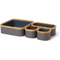 Lumaland rechthoekige opbergdoos met bamboe-frame in set van 4 dozen van 30 x 30 x 10 cm en 29,9 x 14,8 x 10 cm en twee keer 14,8 x 14,8 x 10 cm Buitenkant Grijs/Binnenkant Blauw