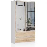 Akord Kledingkast S90 met Spiegel 2 Deuren en 2 Lades / Furniture Factory / Wit – Sonoma Eik / 90 x 180 x 51 cm