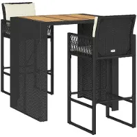 vidaXL 3-delige Tuinbarset met kussens poly rattan acacia zwart