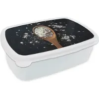 MuchoWow Broodtrommel Wit - Lunchbox Meel - Hout - Lepel - Brooddoos 18x12x6 cm - Brood lunch box - Broodtrommels voor kinderen en volwassenen