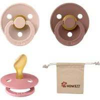 BIBS Dental fopspenen Anatomical 6-18 maanden- Set 3 stuks- Blush, Woodchuck, Dusty Pink + Monkiezz speenzakje - orthodontisch- Anatomisch- Maat 2