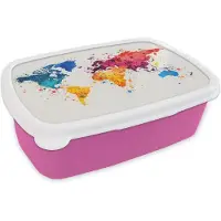 MuchoWow Broodtrommel Roze - Lunchbox Wereldkaart - Graffiti - Kleurrijk - Brooddoos 18x12x6 cm - Brood lunch box - Broodtrommels voor kinderen en volwassenen