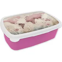MuchoWow Broodtrommel Roze - Lunchbox Wereldkaart - Roze - Bloemen - Brooddoos 18x12x6 cm - Brood lunch box - Broodtrommels voor kinderen en volwassenen