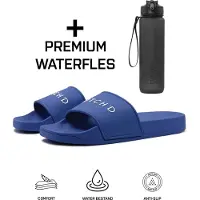 Dutch'd Rubberen slipper + Handige Waterfles! - Blauw - Maat 45/46 - anti slip - Comfortabel - Dubbele maten - unisex - Heren Badslipper - Slippers - Badslippers