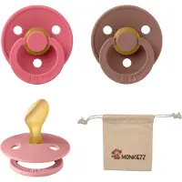 BIBS Dental fopspenen Anatomical 6-18 maanden- Set 3 stuks- Coral , Dusty Pink, Woodchuck + Monkiezz speenzakje - orthodontisch- Anatomisch- Maat 2