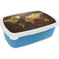 MuchoWow Broodtrommel Blauw - Lunchbox Wereldkaart - Goud - Roest print - Brooddoos 18x12x6 cm - Brood lunch box - Broodtrommels voor kinderen en volwassenen