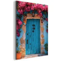 MuchoWow Aluminium schilderij 90x120 cm - Wanddecoratie metaal - Deur - Hout - Bloemen - Blauw - Metalen muurdecoratie woonkamer - Decoratie industrieel - Foto op dibond - Industriële accessoires slaapkamer