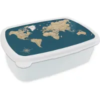 MuchoWow Broodtrommel Wit - Lunchbox Wereldkaart - Donkerblauw - Beige - Brooddoos 18x12x6 cm - Brood lunch box - Broodtrommels voor kinderen en volwassenen