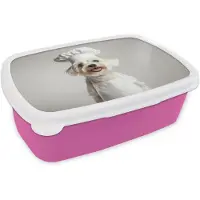 MuchoWow Broodtrommel Roze - Lunchbox Hond - Wit - Kok - Brooddoos 18x12x6 cm - Brood lunch box - Broodtrommels voor kinderen en volwassenen