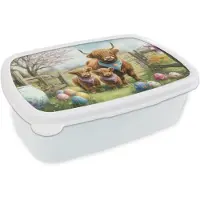 MuchoWow Broodtrommel Wit - Lunchbox Schotsehooglanders - Paaseieren - Lente - Brooddoos 18x12x6 cm - Brood lunch box - Broodtrommels voor kinderen en volwassenen