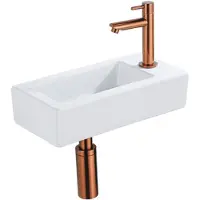 Qeramiq Fuente Fonteinset - 37.5x18.5x9cm - keramiek - kraangat rechts - fonteinkraan geborsteld koper - afvoerplug - verlaagd sifon - Glans wit SW1122445/SW799405/SW799403/SW970033