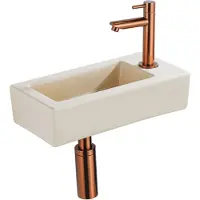Qeramiq Fuente Fonteinset - 37.5x18.5x9cm - keramiek - kraangat rechts - fonteinkraan geborsteld koper - afvoerplug - verlaagd sifon - Mat Beige SW1122448/SW799405/SW799403/SW970033