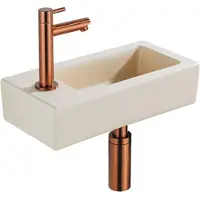 Qeramiq Fuente Fonteinset - 37.5x18.5x9cm - keramiek - kraangat links - fonteinkraan geborsteld koper - afvoerplug - verlaagd sifon - Mat Beige SW1122452/SW799405/SW799403/SW970033