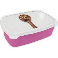 MuchoWow Broodtrommel Roze - Lunchbox Noten - Wit - Hout - Brooddoos 18x12x6 cm - Brood lunch box - Broodtrommels voor kinderen en volwassenen