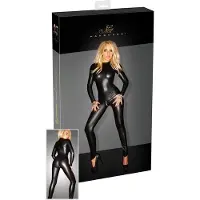 Noir Wetlook Catsuit Met Lange Mouwen