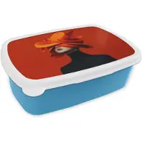 MuchoWow Broodtrommel Blauw - Lunchbox Oranje - Hoed - Vrouw - Brooddoos 18x12x6 cm - Brood lunch box - Broodtrommels voor kinderen en volwassenen