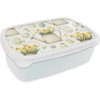 MuchoWow Broodtrommel Wit - Lunchbox Gieter - Bloemen - Eieren - Brooddoos 18x12x6 cm - Brood lunch box - Broodtrommels voor kinderen en volwassenen