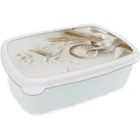 MuchoWow Broodtrommel Wit - Lunchbox Bloem - Hout - Tarwe - Brooddoos 18x12x6 cm - Brood lunch box - Broodtrommels voor kinderen en volwassenen