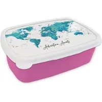 MuchoWow Broodtrommel Roze - Lunchbox Wereldkaart - Blauw - Kleurrijk - Brooddoos 18x12x6 cm - Brood lunch box - Broodtrommels voor kinderen en volwassenen