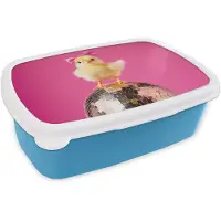 MuchoWow Broodtrommel Blauw - Lunchbox Discobal - Kuiken - Strik - Brooddoos 18x12x6 cm - Brood lunch box - Broodtrommels voor kinderen en volwassenen