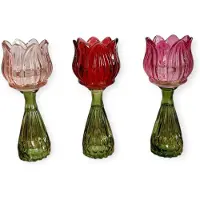 DK Design Daan Kromhout - Waxine houders - Kaarsenhouders - Set van 3 - Tulp - Glas - Roze mix - 7x18cm