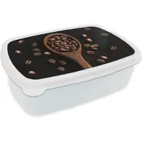 MuchoWow Broodtrommel Wit - Lunchbox Hout - Zwart - Koffiebonen - Brooddoos 18x12x6 cm - Brood lunch box - Broodtrommels voor kinderen en volwassenen