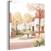 MuchoWow Aluminium schilderij 20x20 cm - Wanddecoratie metaal - Dorpsplein - Fontein - Tulpen - Metalen muurdecoratie woonkamer - Decoratie industrieel - Foto op dibond - Industriële accessoires slaapkamer