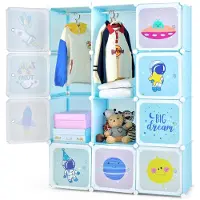 Costway Kinderkledingkast, reksysteem van kunststof met 12 kubussen, kinderrek uitbreidbaar met deuren en 2 hangers, schattig, voor kinderkamer, speelkamer