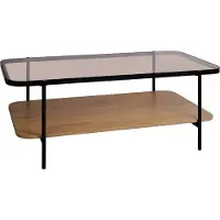 Sweeek - Vintage salontafel in zwart metaal met 2 bladen (glas en houtdecor), afgeronde randen