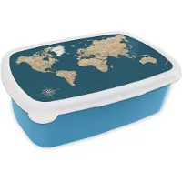 MuchoWow Broodtrommel Blauw - Lunchbox Wereldkaart - Donkerblauw - Beige - Brooddoos 18x12x6 cm - Brood lunch box - Broodtrommels voor kinderen en volwassenen